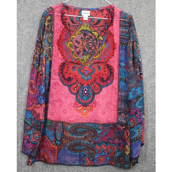 Chico’s 2 100% Silk Beaded Boho Tunic Top Sheer Whimsical Artsy Women’s - Picture 1 of 4
